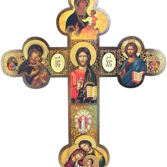 Religious Icon Cross with Gold Accents Christ The Teacher with Our Lady of Kazan - Picture 2 of 2